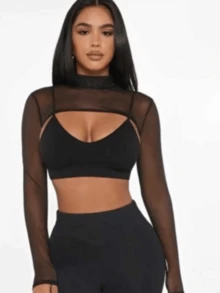 Women's Cropped Top, High Neck, Long Sleeve, Transparent, Party - 黑色 - 查看 2