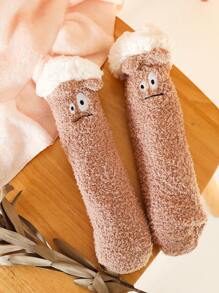 1對寶寶女孩動物表情珊瑚絨超過膝襪 - 棕色 - 查看 4