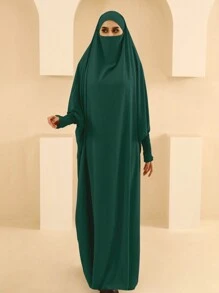 1 件套羊腿袖长款头巾套头巾女士头巾头带适合 Abaya 日常下帽女士面纱 - 墨綠色 - 查看 3