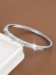 1pc Fashionable Double Row Cubic Zirconia Copper Bangle For Girls - Multicolor - View 6