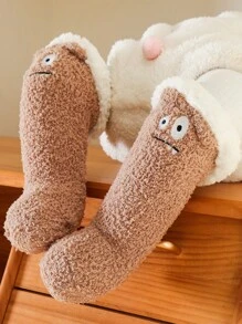 1對寶寶女孩動物表情珊瑚絨超過膝襪 - 棕色 - 查看 2