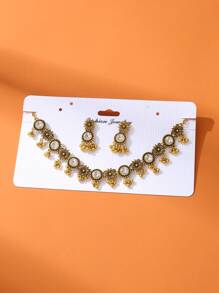 3入組粗刻古董圓形吊墜耳環和項鍊套裝，時尚女士派對宴會珠寶 - 金黃色 - 查看 2