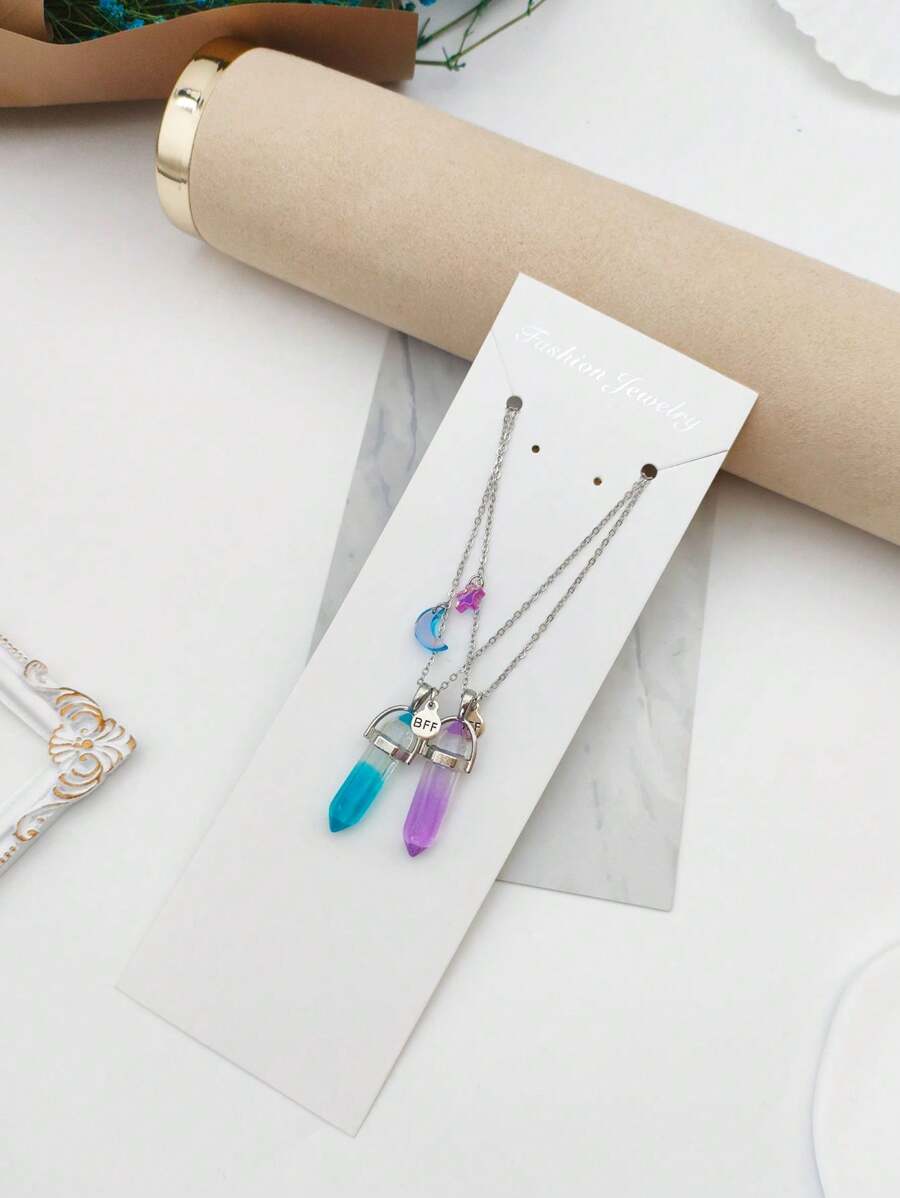 1 件時尚星星和月亮形狀塑膠水晶吊墜好友友誼項鍊套裝,適合青少年女孩日常佩戴