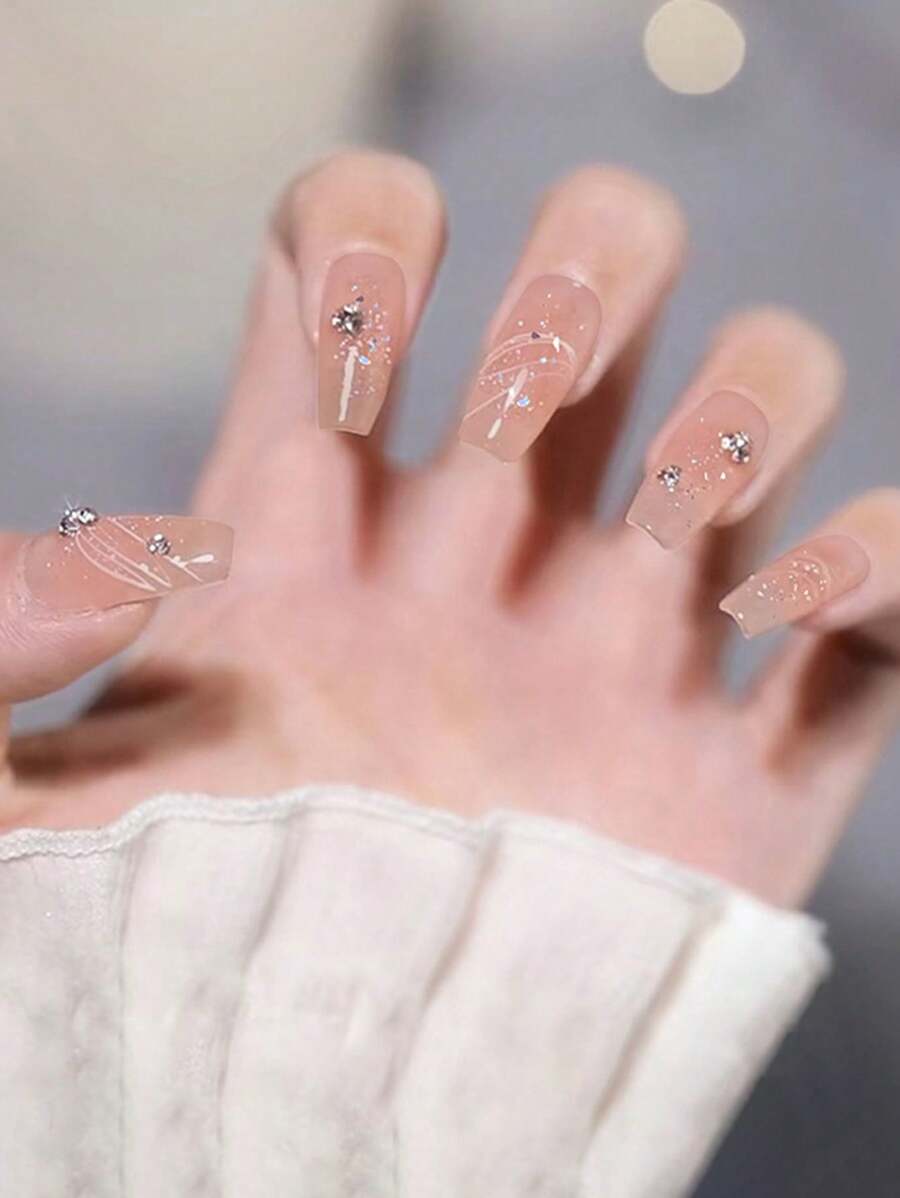 24入組中長梯形閃亮鑽石設計假指甲貼片，含可卸式凝膠和指甲修甲梳，適用於派對、舞會和日常穿著。 - 粉色 - 查看 1