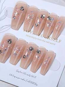 24入組中長梯形閃亮鑽石設計假指甲貼片，含可卸式凝膠和指甲修甲梳，適用於派對、舞會和日常穿著。 - 粉色 - 查看 2