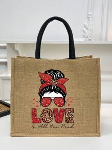 1入組愛心托特包,大容量禮物手提包,便攜式可重複使用的購物袋,大容量購物袋,簡單的粗麻托特包,輕便的旅遊沙灘儲物手提袋,情人節禮物 - 卡其色 - 查看 2