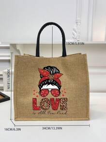 1入組愛心托特包,大容量禮物手提包,便攜式可重複使用的購物袋,大容量購物袋,簡單的粗麻托特包,輕便的旅遊沙灘儲物手提袋,情人節禮物 - 卡其色 - 查看 4