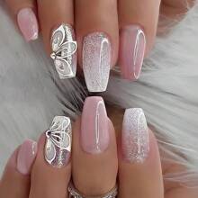 使用 24 件長梯形粉紅色漸變閃光全覆蓋指甲套裝升級您的造型,非常適合派對、舞會和日常穿著 - 彩色 - 查看 1