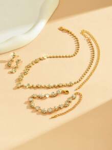1set Fashionable Rose Gold Jewelry Set With Full Rhinestones, Including Necklace, Earrings And Bracelet - Gold - View 13
