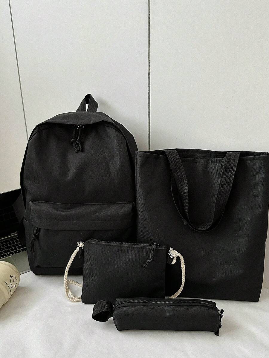 4pcs School Bag Set Backpack Laptop Backpack Rucksack Large Capacity Portable Multifunctional Outdoor Travel Sport Solid Color Canvas Minimalist For Friend Travel Accessories, School Bag Set, School Essential Stuff For Women, Girls & Students, Student Bag Sets With Pencil Case, School Bag With Pouch For Women