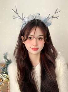 1入聖誕格紋鹿角頭帶,蝴蝶結裝飾,女孩/女士鹿角頭帶,派對攝影道具 - 銀色 - 查看 1