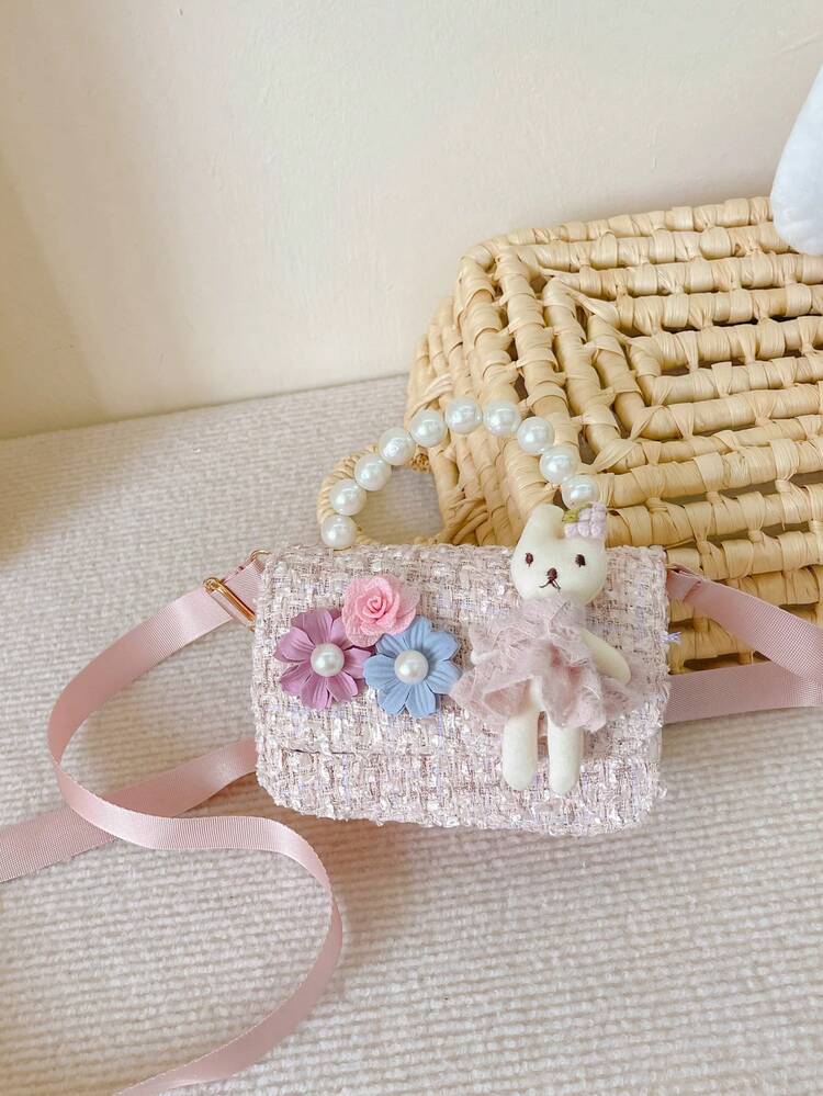 Fashion Faux Pearl Bag Cute Sweet Rabbit Flower Decoration Princess Bag Children's Handbag Shoulder Messenger Bag Kawaii Candy Bag Girls' Buckle Coin Purse Light Colored Woolen Flip Square Bag Young Children And Primary School Students Solid Color Leisure Bag Suitable For Girls, Children And Primary School Students To Travel Daily. Use Travel Accessories - Pink - View 3