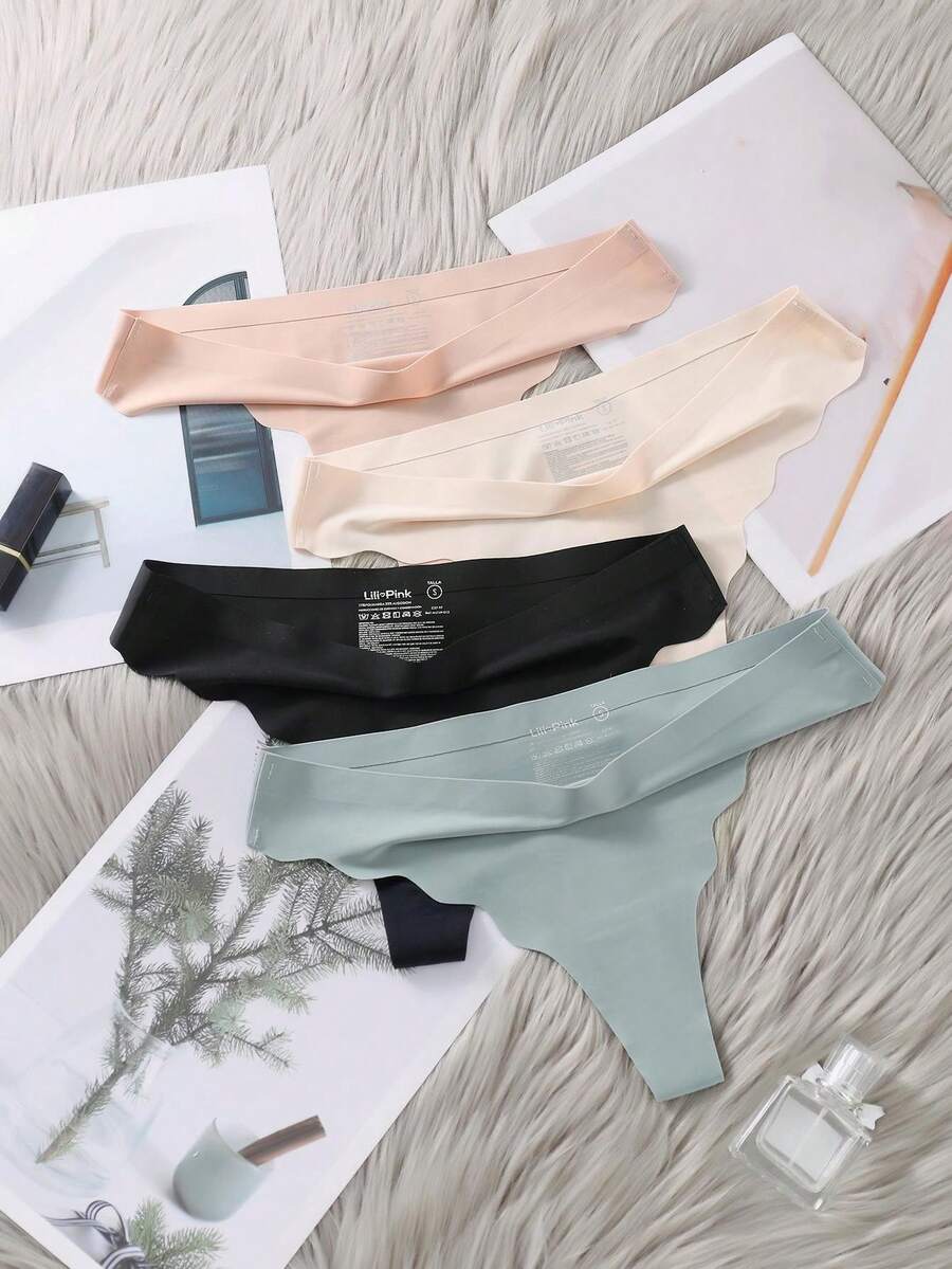 Women's 4pcs/Set Solid Colors Ice Silk Seamless Low-Rise Thongs, Sexy - Multicolor - View 1