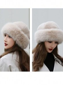 1 件冬季女士保暖贝雷帽，时尚简约公主帽冬季服装 - 米色 - 查看 2