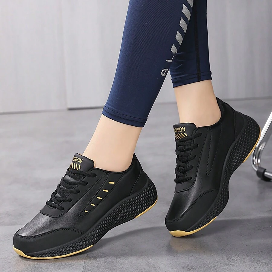 Women's Slip-Resistant Sports Shoes, Soft Leather Soles, Lightweight Hiking Shoes, Casual Walking Shoes, Waterproof Running Sneakers, Autumn - Black Gold - View 1