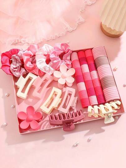 53 件女士弹性彩色发带、海绵发圈、花朵和四边形发夹套装，适合四季，春/夏/秋/冬（颜色随机，无盒）休闲、粉色配饰、礼物