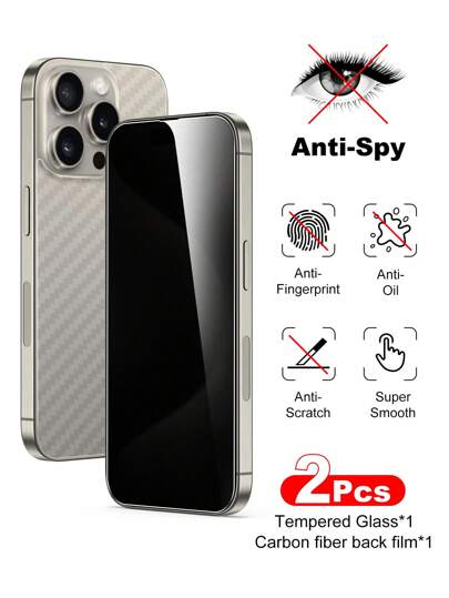 1pc Anti-Peep Privacy Screen Protector + 1pc Carbon Fiber Back Film, Fingerprint Proof & Shatter Resistant, Compatible With Apple 6-17 Series, 14 6.1", 13/13 Pro 6.1", 15/15 Pro Max, 16/16 Pro/16 Pro Max, 17/17 Pro/17 Pro Max, AIR
