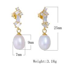 1對s925純銀法式復古淡水珍珠吊墜耳環,女士極簡方形立體立方氧化鋯鑲嵌耳針,冷色調風格 - 金黃色 - 查看 4