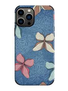 1 chiếc nơ & in hiệu ứng denim chống rơi, chống sốc, dây buộc & giá đỡ nhẫn, vỏ điện thoại vẽ tay bằng da thủ công, tương thích với iPhone 14 Pro Max - Màu xanh lam - Xem 24