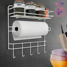 Porta Tempero Condimentos com Rolo de Papel Toalha com 6 ganchos Pendurar Pano de Prato Aramado Multiuso