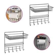 Porta Tempero Condimentos com Rolo de Papel Toalha com 6 ganchos Pendurar Pano de Prato Aramado Multiuso