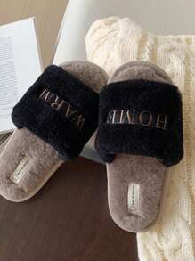 Chinelos de Casa Femininos de Inverno com Sola Macia e Quente, Confortáveis e Fofos, com Ponta Aberta, Planos e com Bordado de Letras, para o Quarto ou Casa