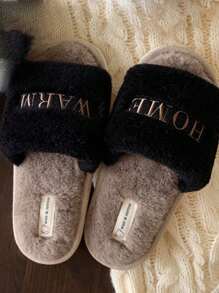 Chinelos de Casa Femininos de Inverno com Sola Macia e Quente, Confortáveis e Fofos, com Ponta Aberta, Planos e com Bordado de Letras, para o Quarto ou Casa