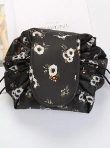 1入組便攜式花紋鬆紮束口化妝袋旅行收納袋，快速簡便收納 - 黑色 - 查看 1