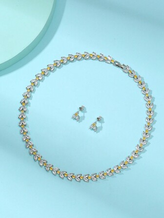 1 套 3 件时尚简约叶子锆石项链和耳环套装，适合新娘、婚礼、订婚、派对、节日的优雅珠宝礼物