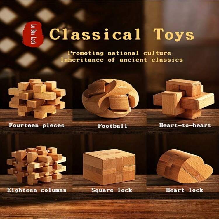 1 Set Of 6 Pieces Kong Ming Luban Lock Educational Toys Set Wooden Kong Ming Lock Set Luban Lock Wooden Splicing Building Blocks 3D Brain Teaser Puzzle Brain Teaser Toy Desktop Intellectual Gift