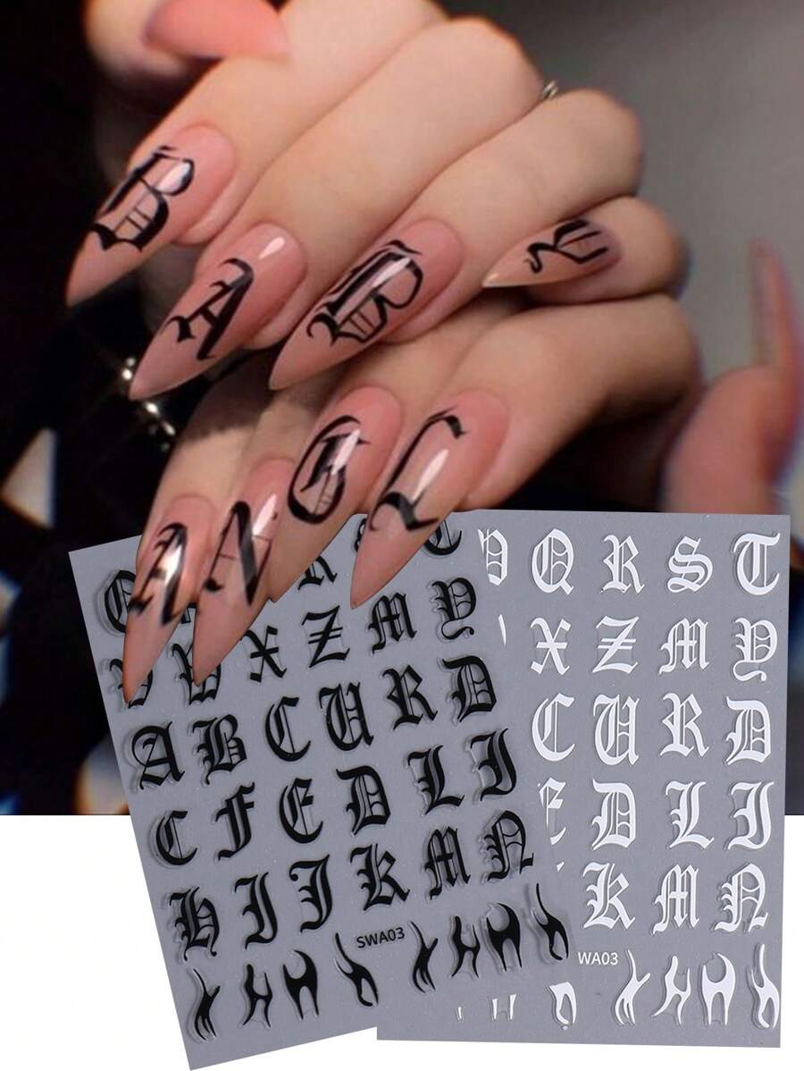 2张哥特风美甲贴纸,Y2K复古大写英文字母图案,美甲设计,黑白美甲贴纸,DIY美甲装饰用品 - 黑與白 - 查看 1