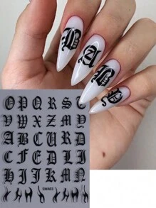 2张哥特风美甲贴纸，Y2K复古大写英文字母图案，美甲设计，黑白美甲贴纸，DIY美甲装饰用品 - 黑與白 - 查看 3