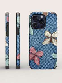 1 chiếc nơ & in hiệu ứng denim chống rơi, chống sốc, dây buộc & giá đỡ nhẫn, vỏ điện thoại vẽ tay bằng da thủ công, tương thích với iPhone 14 Pro Max - Màu xanh lam - Xem 1