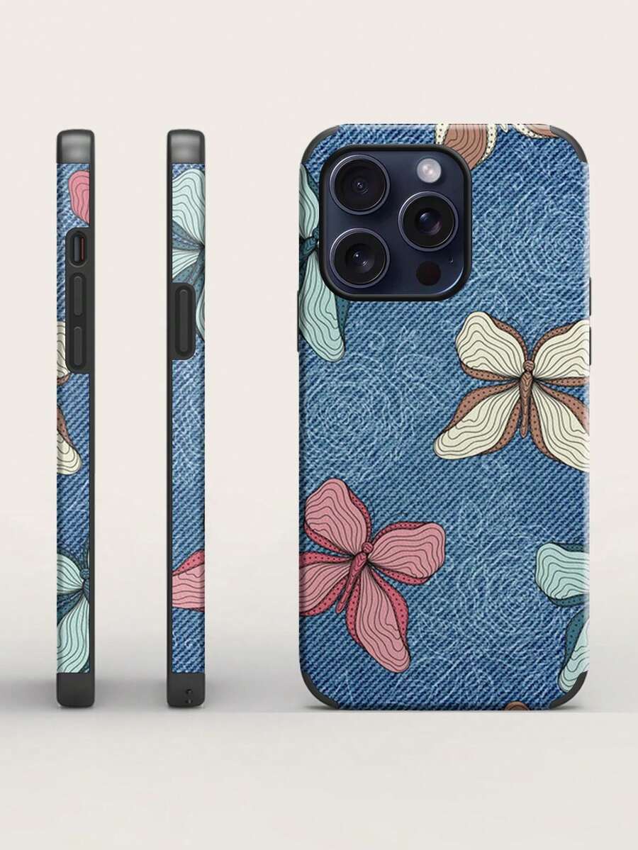 1 chiếc nơ & in hiệu ứng denim chống rơi, chống sốc, dây buộc & giá đỡ nhẫn, vỏ điện thoại vẽ tay bằng da thủ công, tương thích với iPhone 14 Pro Max - Màu xanh lam - Xem 1