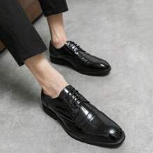 Men's Brogue Patent Leather Shoes, Pointed Toe Lace-Up Dress/Formal/Casual Low Top Shoes