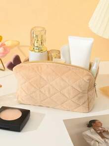1個時尚便攜的菱形形狀拉鍊化妝包,用於旅行毛皮被縫製化妝品收納袋,加棉袋舒適的化妝包,適合冬季使用 - 駝色 - 查看 4