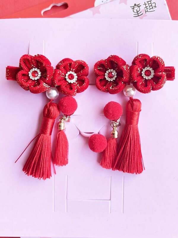 1pc Handmade Chinese Style Tassel & Pearl Hair Clip With Red Flower
