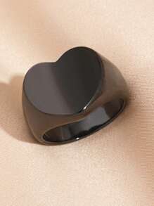 1pc Stainless Steel Black Heart-Shaped Simple Ring, Gothic Dark Style, Suitable For Daily Decoration Or Gift Giving Valentines - Black - View 1