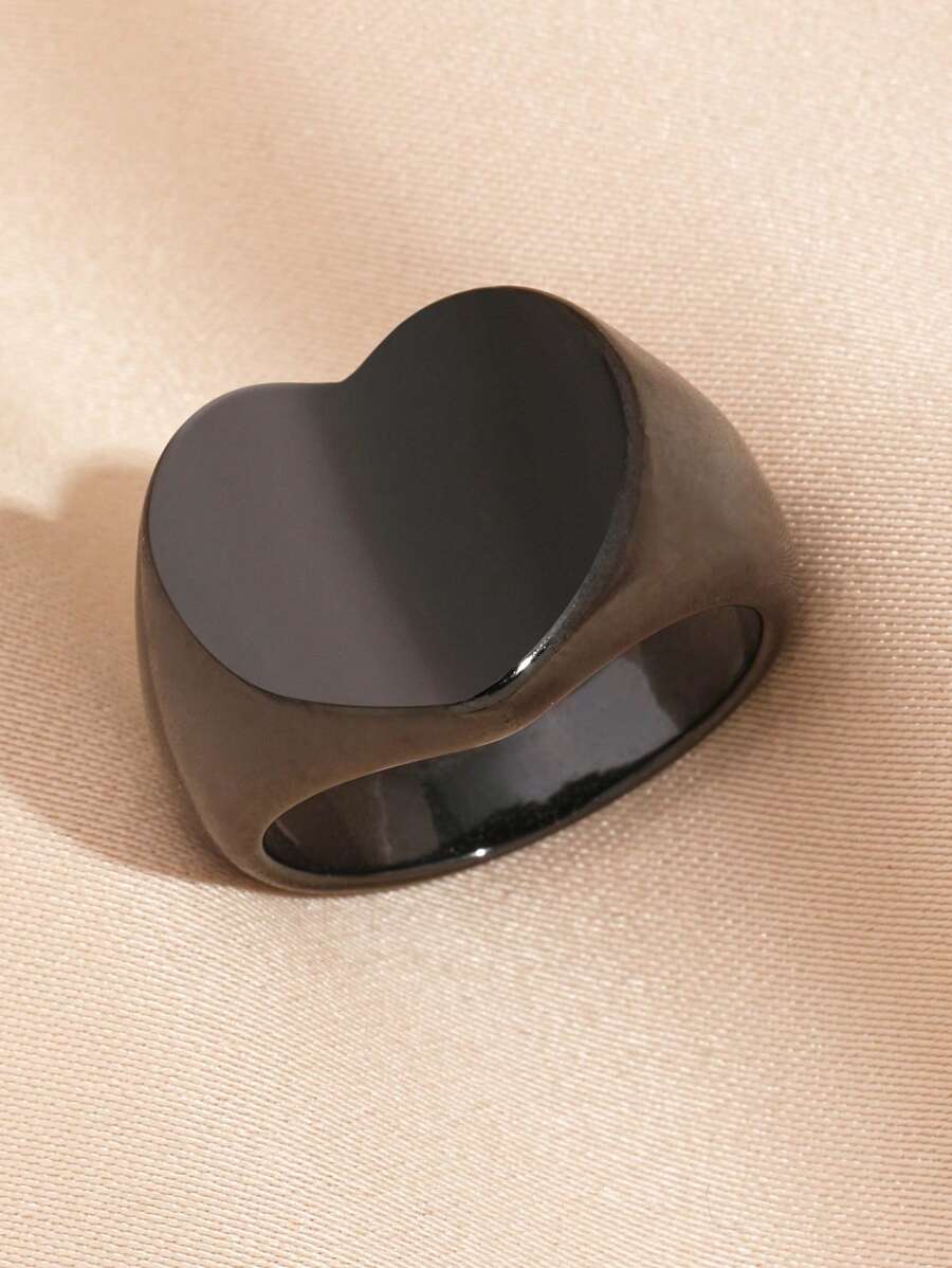 1pc Stainless Steel Black Heart-Shaped Simple Ring, Gothic Dark Style, Suitable For Daily Decoration Or Gift Giving Valentines - Black - View 1