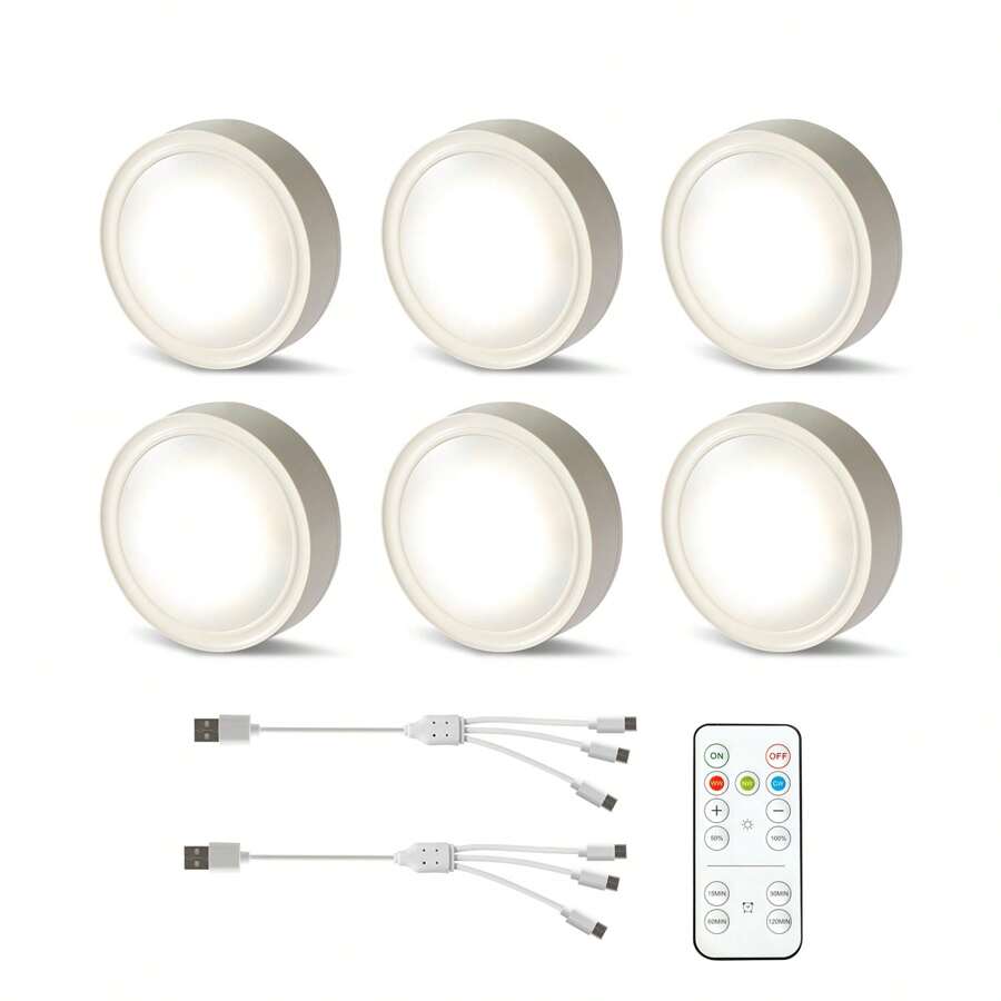 無線1500mah可充電led 3/6個薄餅形壁櫥燈,遙控器,磁性安裝,適用於廚房、櫥櫃、展示櫃 - 白色 - 查看 1