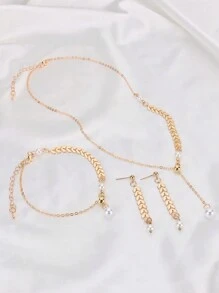 1set Wheat Spike Shape Faux Pearl Necklace, Bracelet And Earrings Set - Multicolor - View 2