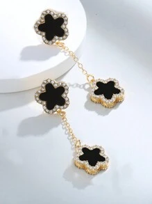 1set Luxurious Flower & Lucky Clover Double Sided Earrings, Inlaid With Zirconia, Exquisite Accessory That Goes Well With Any Outfits - Gold - View 4