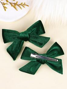 2入組深綠色絨面髮箍,實色蝴蝶結髮夾,優雅桔鱷魚夾,秋季頭飾,冬季髮夾,女士髮飾 - 墨綠色 - 查看 3