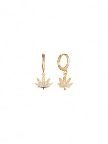 1pair Korean Style New Arrival Zirconia Studded Metal Leaf Earrings For Women, Elegant Short Maple Leaf Dangle Earrings - Multicolor - View 6