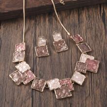 1套復古多彩幾何方形搪瓷項鍊和耳環套裝,女性節日珠寶 - 幾何 - 查看 19