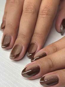 24入組短橢圓形,適合秋冬咖啡色漸變法式全覆蓋女士假指甲,瞬間升級造型 - 彩色 - 查看 1