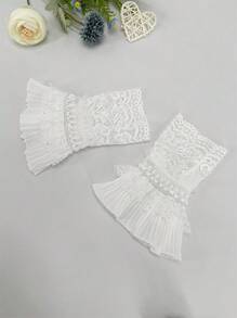 1 对女士蕾丝短袖袖口，网眼和花卉蕾丝装饰，防滑袖套和手套婚礼情人节 - 白色 - 查看 5