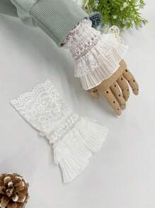 1 对女士蕾丝短袖袖口，网眼和花卉蕾丝装饰，防滑袖套和手套婚礼情人节 - 白色 - 查看 2