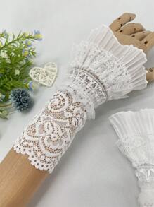 1 对女士蕾丝短袖袖口，网眼和花卉蕾丝装饰，防滑袖套和手套婚礼情人节 - 白色 - 查看 6