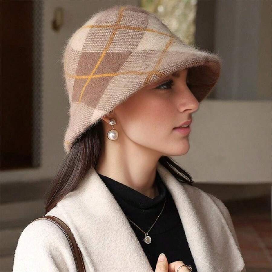 LACE MONDE Phong cách Nhật  Len Mũ xô Đối với phụ nữ , Mùa thu Mùa Đông Mũ len , Với Dệt Kiểm tra Mẫu Và Không có Lót - Màu Khaki - Xem 1
